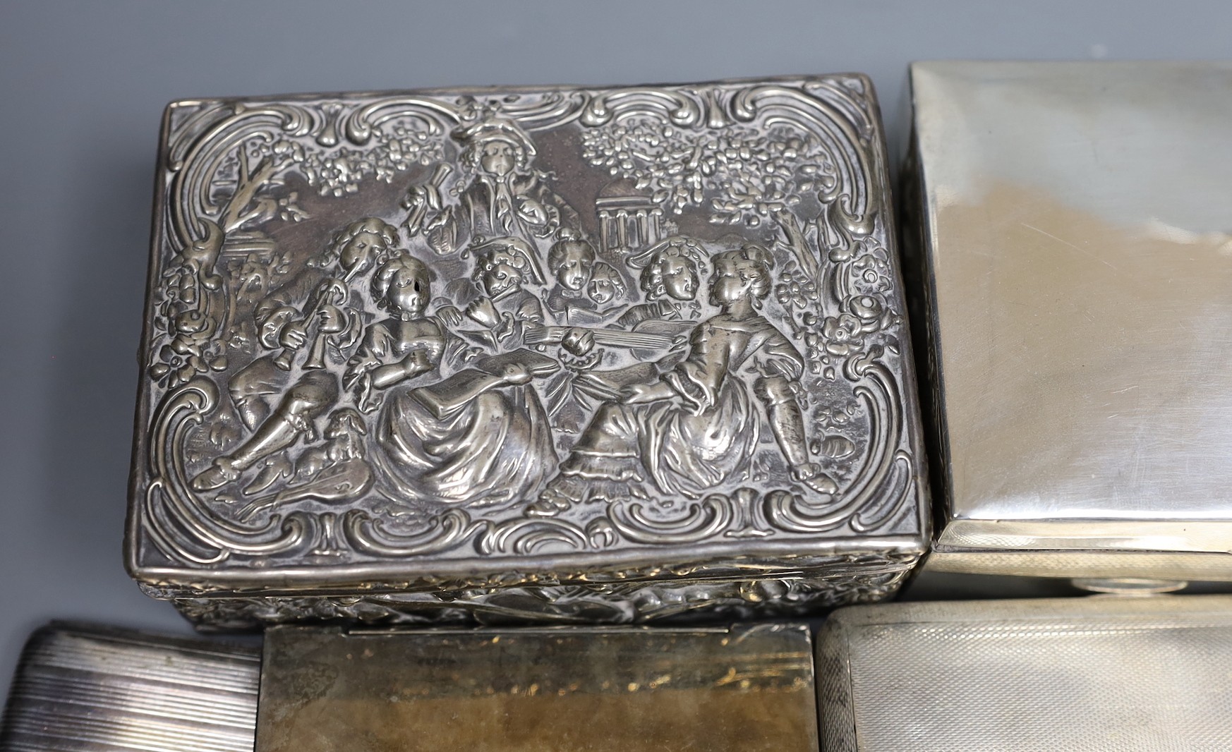 Six assorted cigarette cases or boxes, including two silver boxes, largest 14.2cm, three silver cigarette case and an 800 case and one plated card case.